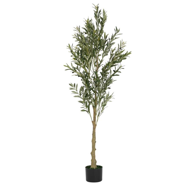 Roomfitters 6 Ft Artificial Olive Tree, Tall Faux Indoor Plant with Black Plastic Pot for Home Decor, Green