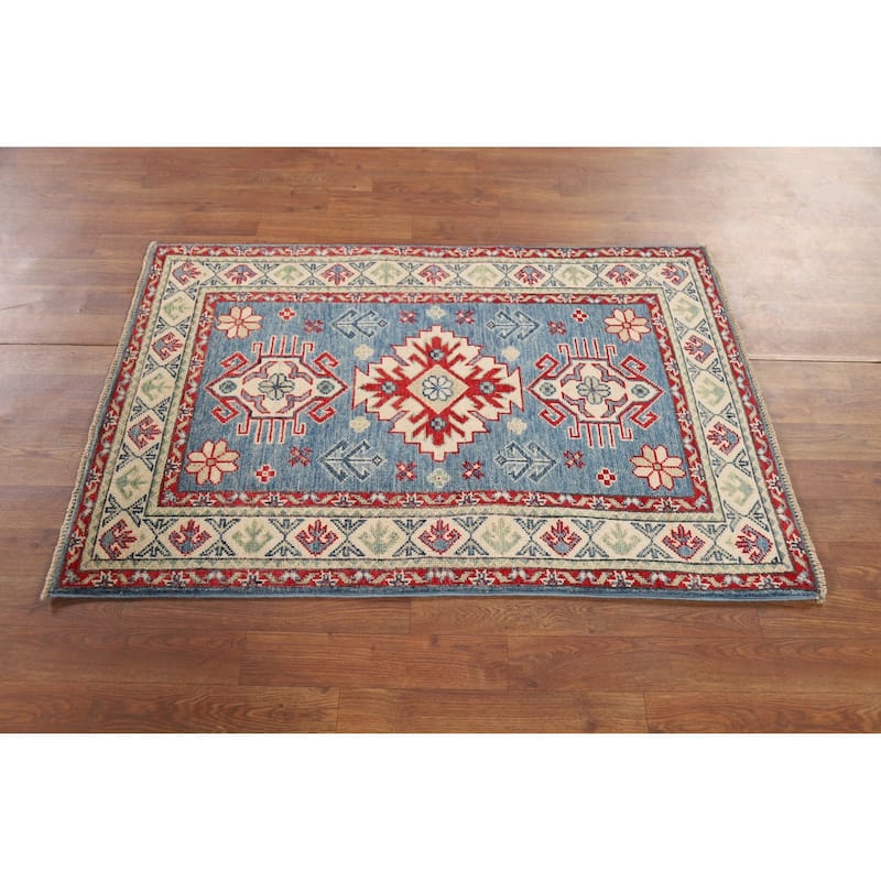 Light Blue Kazak Foyer Rug Hand-Knotted Geometric Wool Carpet - 2'9" x 4'1"