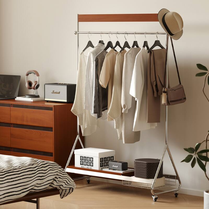 Antique American Style Clothes and Hat Rack with Storage Shelf, Portable Stainless Steel Floor Stand