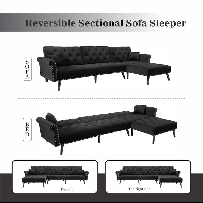 Aukfa Velvet Convertible Sleeper Sectional Sofa Bed - 114.5'' W