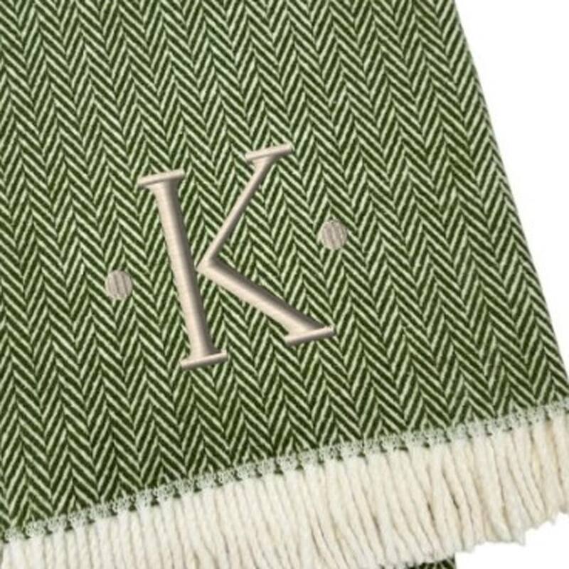 55" X 70" Moss Green And White Herringbone Cotton Blend S Initial Throw Blanket with Tassels And Embroidery