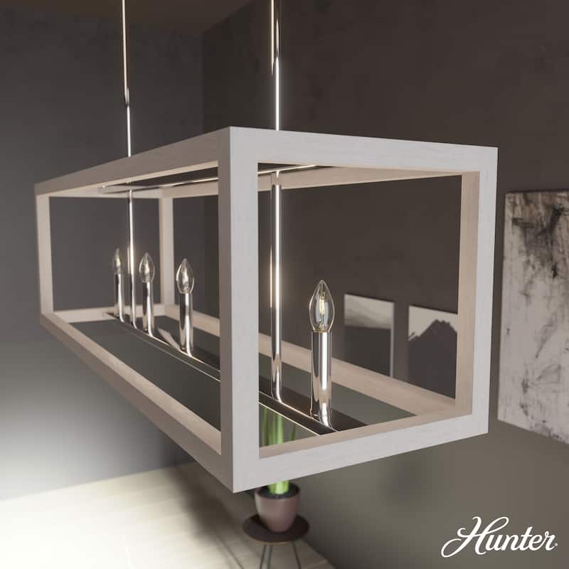 Hunter Squire Manor Linear Chandelier - Island, Dining Room - Candle, Caged - Modern Farmhouse, Transitional - Chrome-Distressed White