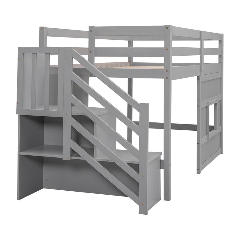 Twin Size Low Loft Bed with Storage Staircase and Window, Wooden Loft Bed Frame with Full Length Guardrail and Slat Support