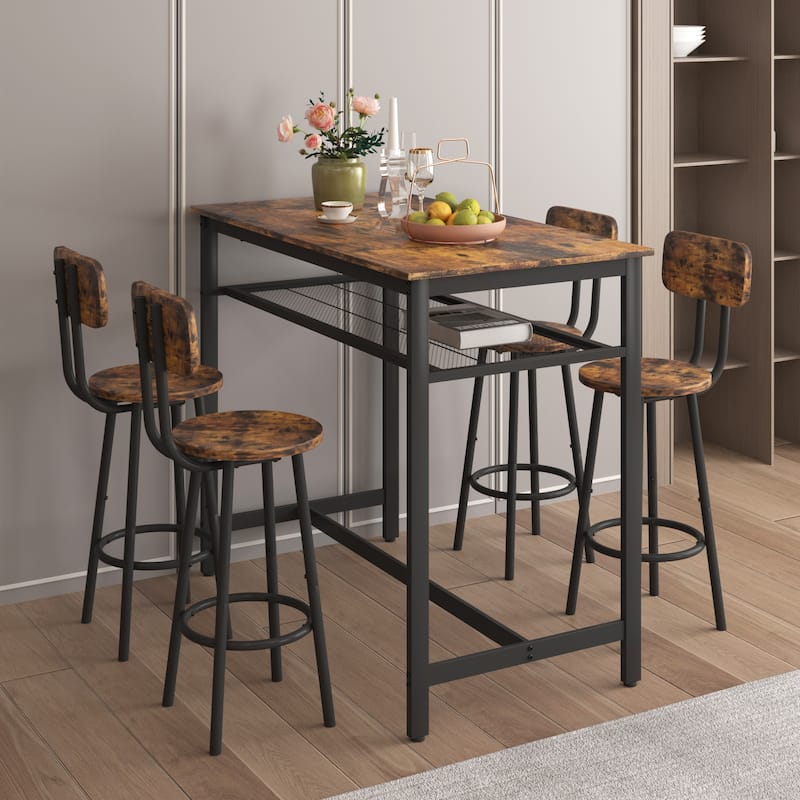 5-Piece Kitchen Counter Height Table Set, Bar Table with 4 Chairs - Brown