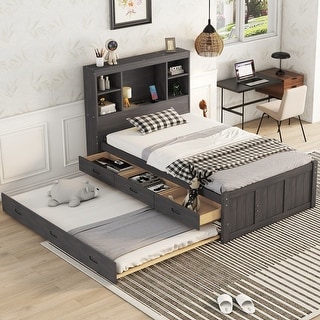 Twin Size Platform Bed with Storage Headboard & 3 Drawers, Wooden Bedframe w/ Twin Size Trundle & Charging Station-Antique Brown