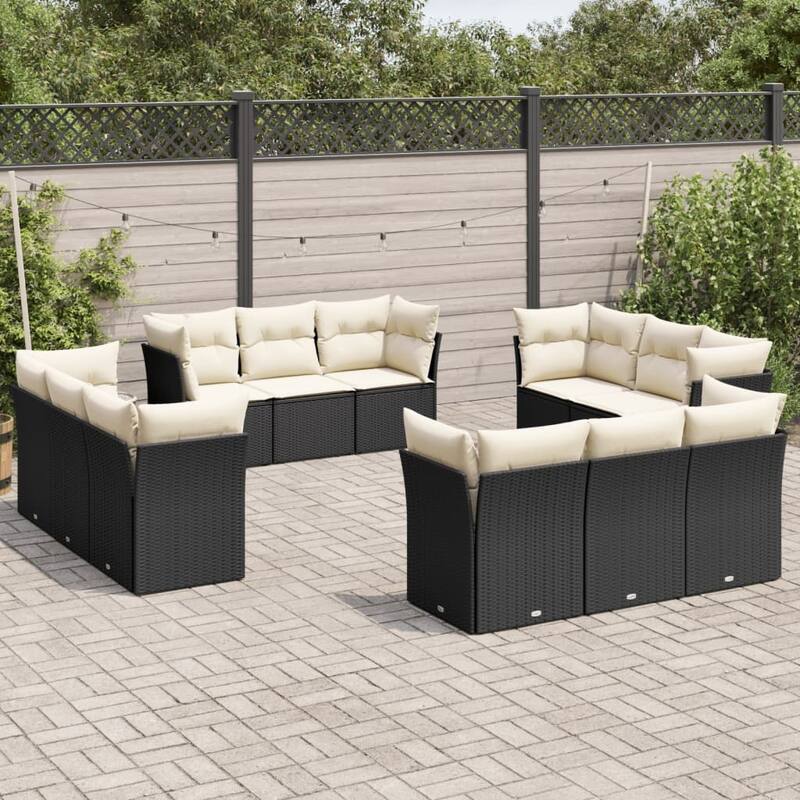 vidaXL Patio Sofa Set with Cushions Outdoor Conversation Furniture Poly Rattan - Black and cream Large Without table