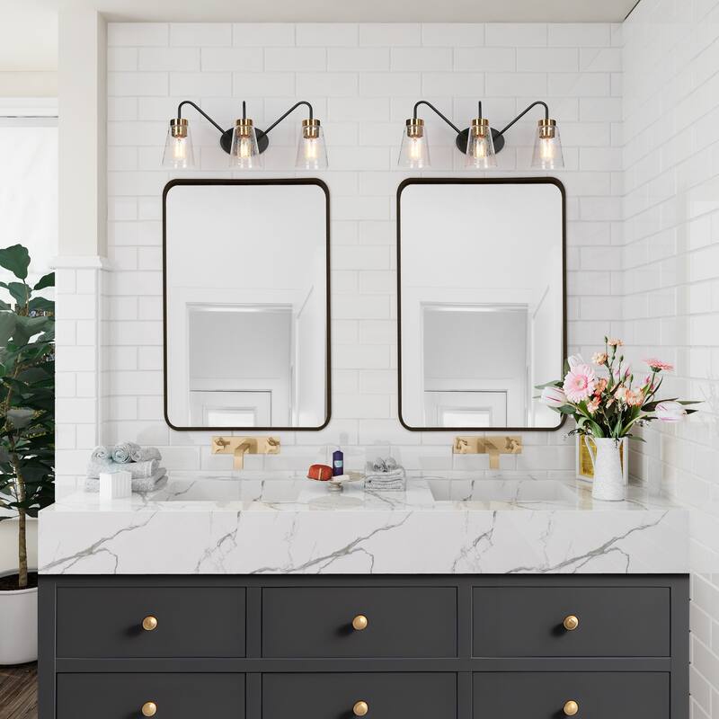 Modern Black Gold Bathroom Vanity Light Wall Sconces with Seeded Glass