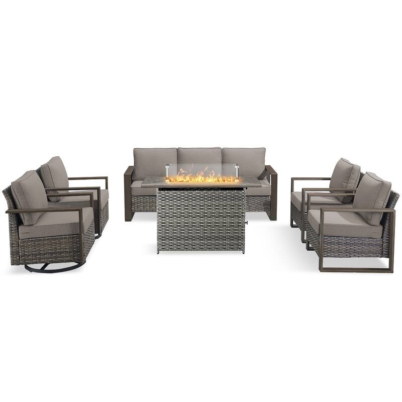 Pocassy 6 Pieces Outdoor Sofa Chair with Fire Pit Table Set
