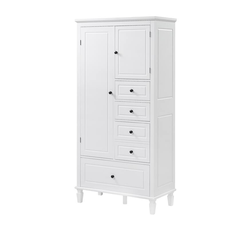 White Pine Wood Tall Storage Cabinet with 4 Different Sizes Drawers, Adjustable Shelves and Anti-Tipping Feature, Multi-Room Use