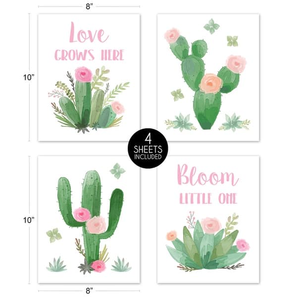Sweet Jojo Designs Pink and Green Watercolor Cactus Floral Collection Wall Decor Art Prints (Set of 4) - Love Grows Here