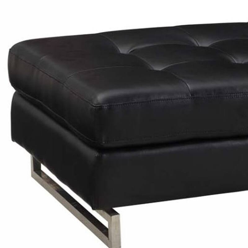 HomeRoots 63" Black Tufted Faux Leather and Silver Ottoman