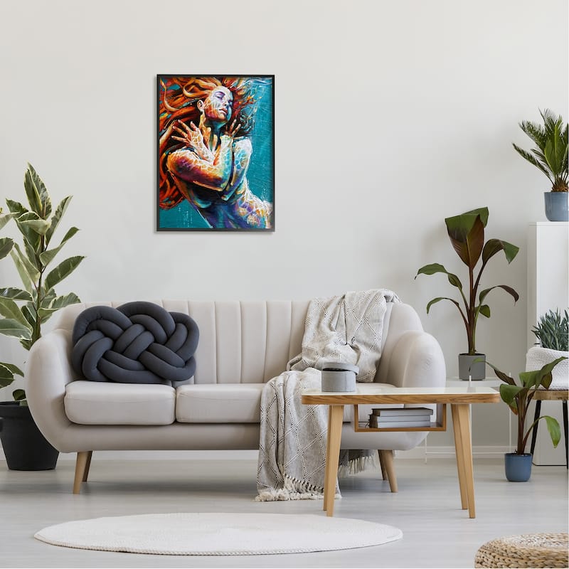 Stupell Beautiful Vivid Woman Underwater Swimming Flowing Hair Framed Wall Art - Blue