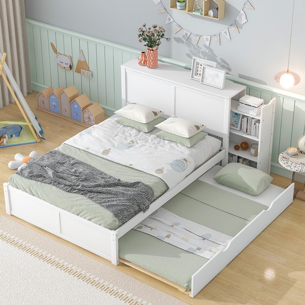 slide 2 of 16, Full Size Storage Platform Bed with Trundle and Pull Out Shelves, White White