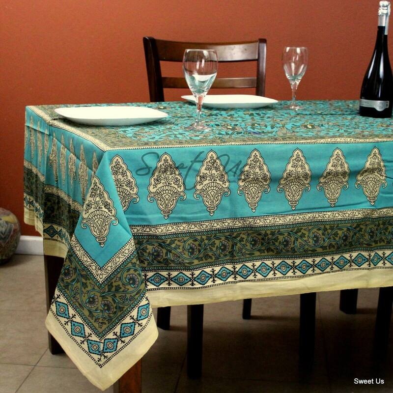 Cotton Extravagant Floral Vine Tablecloth Rectangle - 88 x 104 inches - Turquoise