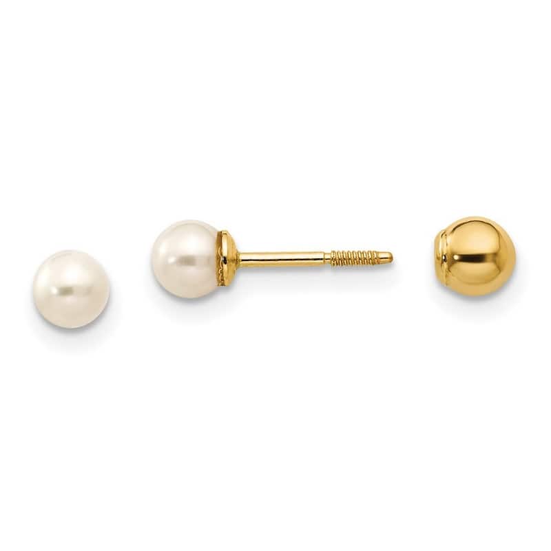 Curata 14k Yellow Gold 4mm Freshwater Pearl and Gold Ball Reversible Earrings (3-4mm) - White