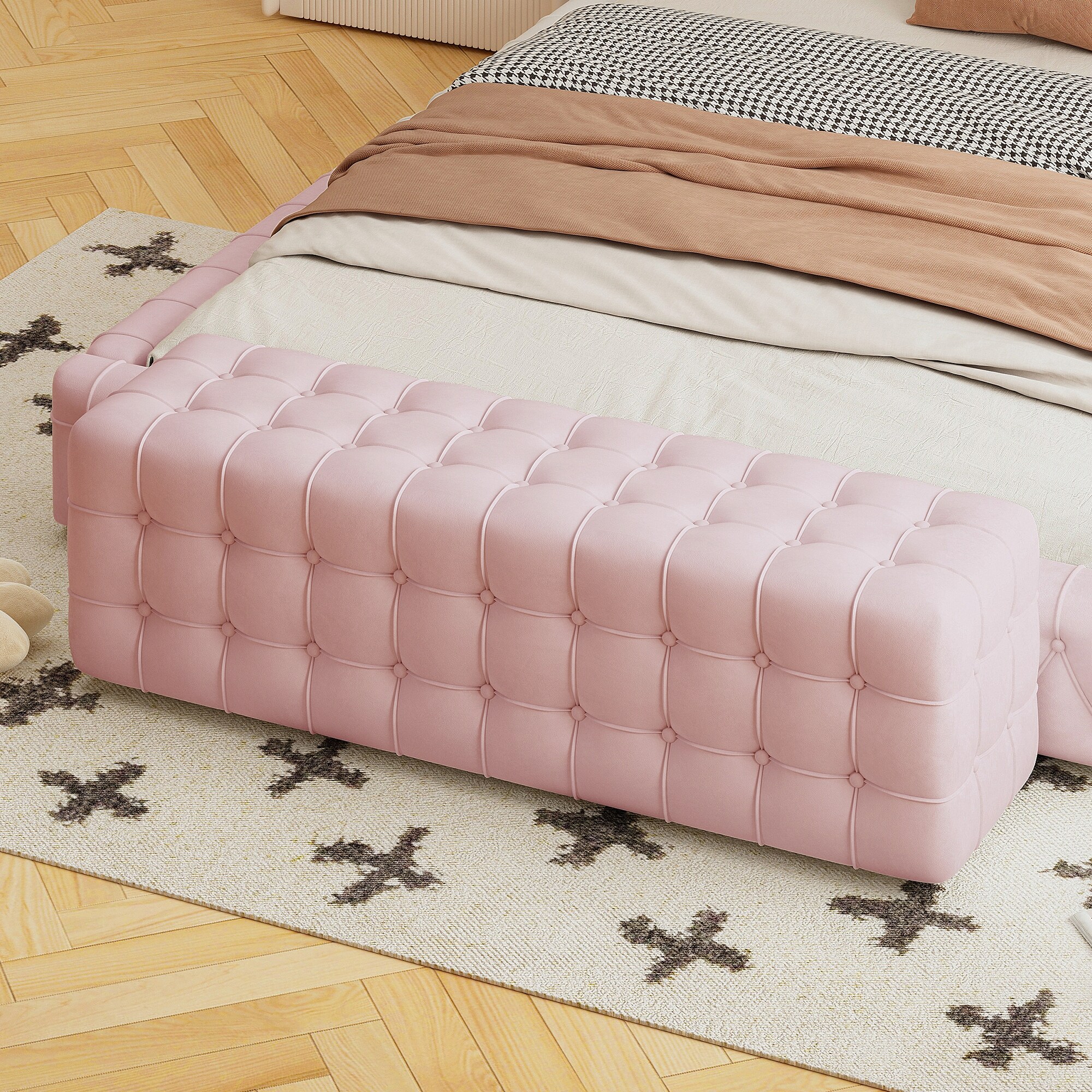 Elegant Pink Velvet Upholstered Ottoman Rectangular Footstool for Bedroom No Assembly Required MDF Bed Bath Beyond 42404059