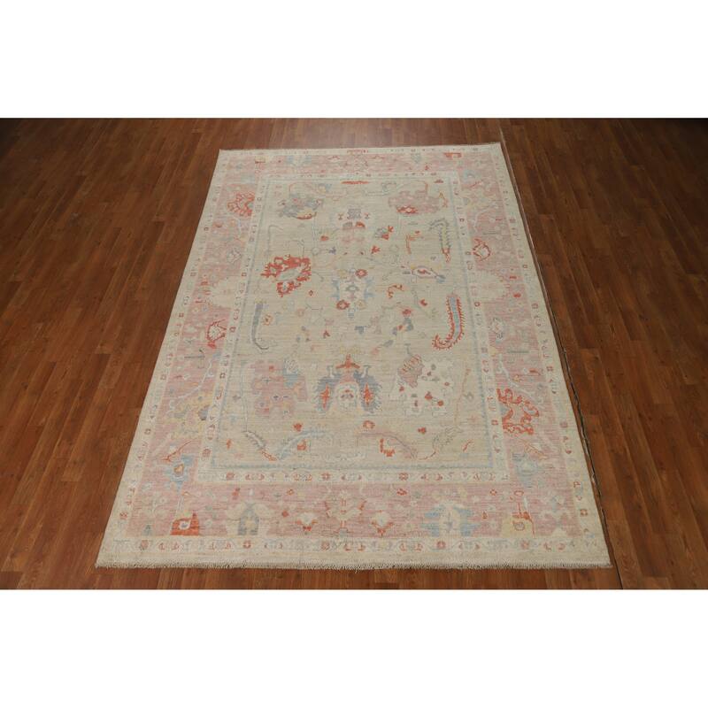 Vegetable Dye Oushak Turkish Area Rug Floral Handmade Wool Carpet - 6'1"x 8'10"