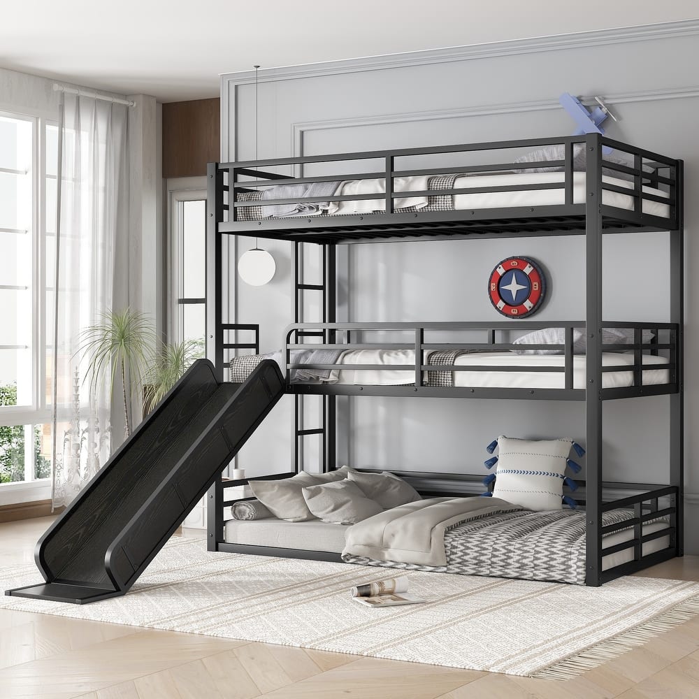 Metal Triple Bunk Bed Frame with Full Length Guardrail, Slide and Ladder, Heavy Duty Metal Slat Support, Noise Free