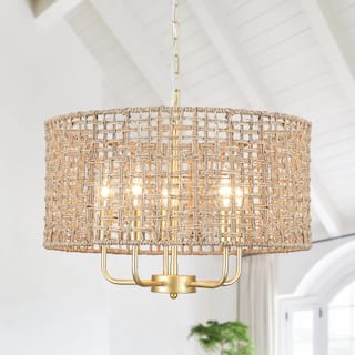 5 - Light Dimmable Drum Chandelier Natural Rattan Bohemian & Coastal Pendant - 18.9 in