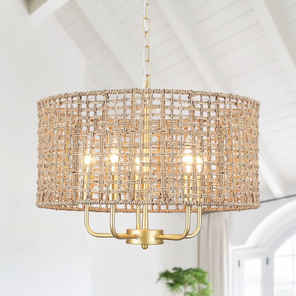 5 - Light Dimmable Drum Chandelier Natural Rattan Bohemian & Coastal Pendant - 18.9 in