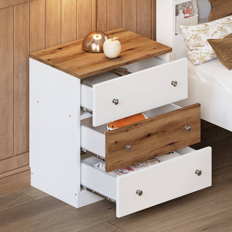 Rustic Wooden Nightstand, Bedroom Storage Cabinet with 3 Drawers, Wood Side Table with Colorblock Design and Metal Handle
