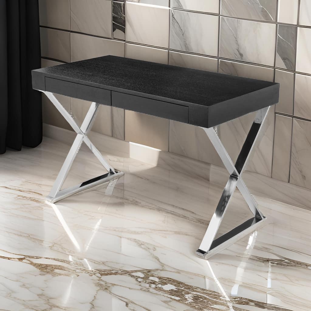 Rix 47 Inch Office Desk, Black Wood Top, 2 Drawers, X Polished Steel Legs