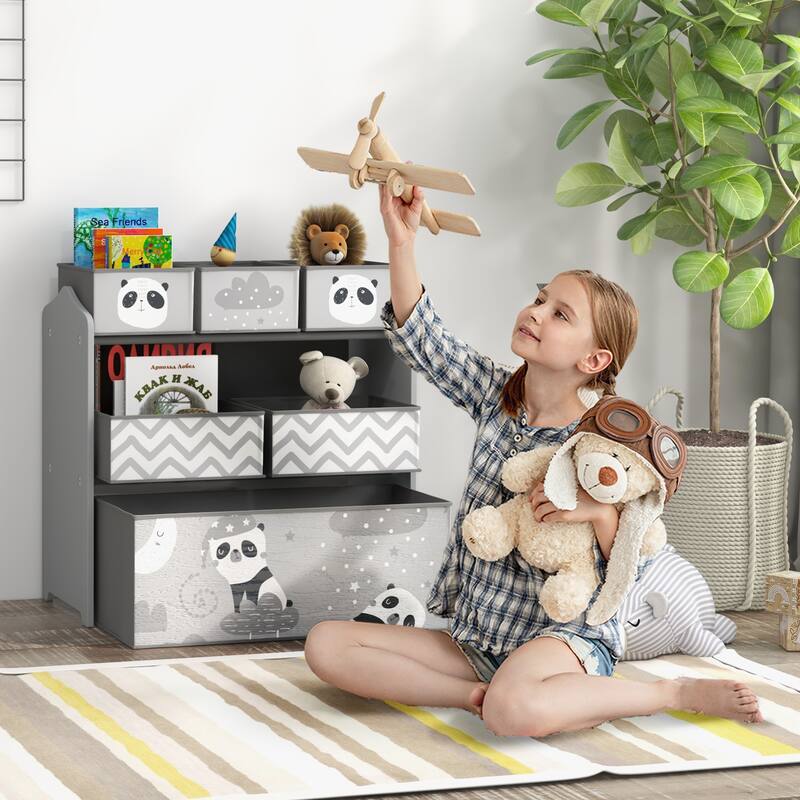 6-Bin Grey MDF Toy Storage Organizer Shelf with Teddy Design for Kids Books and Clothes - 24.75" L x 11.75" W x 26" H