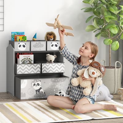 6-Bin Grey MDF Toy Storage Organizer Shelf with Teddy Design for Kids Books and Clothes - 24.75" L x 11.75" W x 26" H