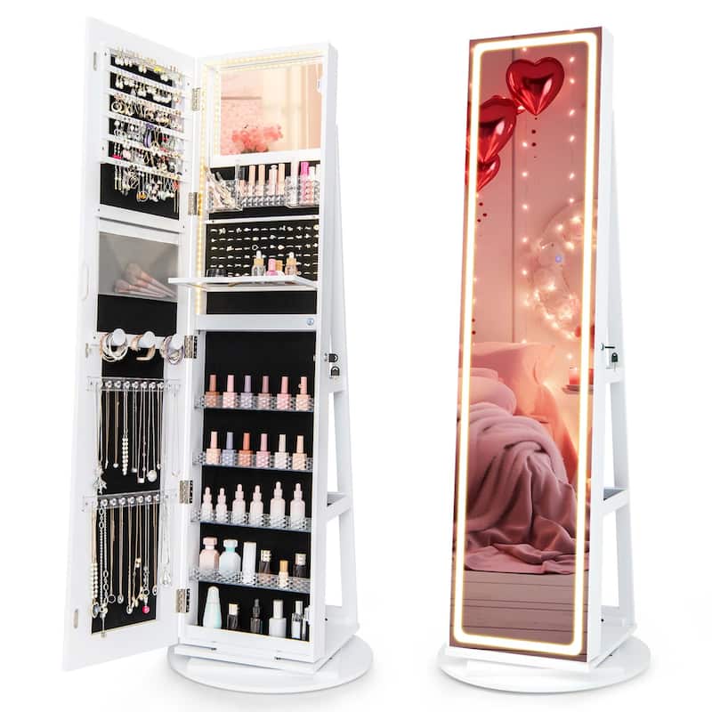 Costway 360° Swivel Jewelry Cabinet Organizer 3-Color LED Mirror with - See Details