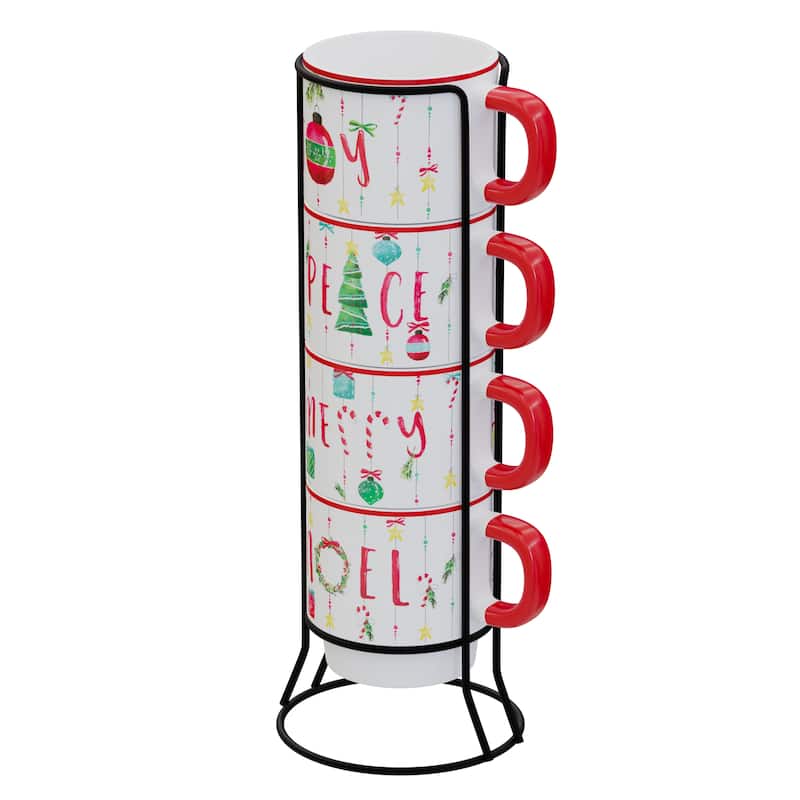 American Atelier Christmas 4 Ceramic Mugs and Rack Set