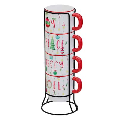American Atelier Christmas 4 Ceramic Mugs and Rack Set