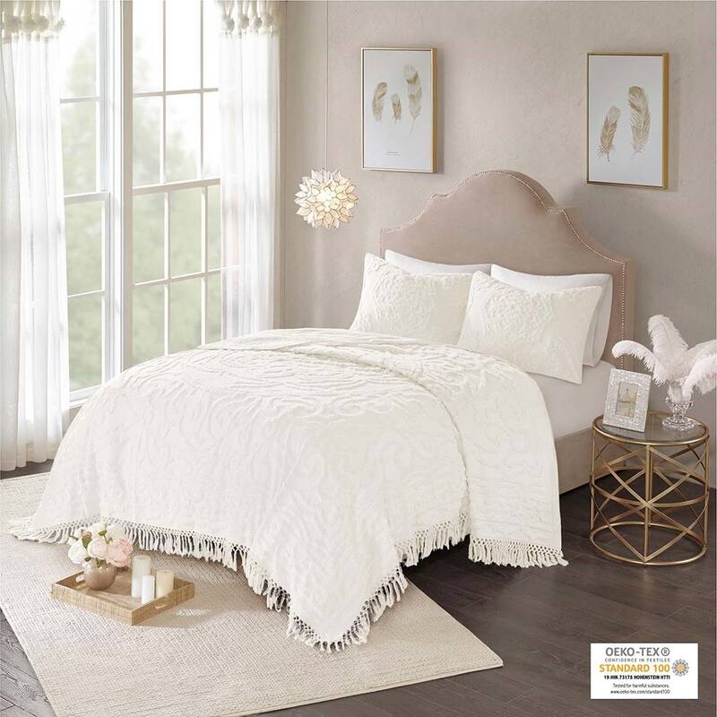 Tufted Cotton Chenille Medallion Fringe Coverlet Mini Set Off-White Full Queen