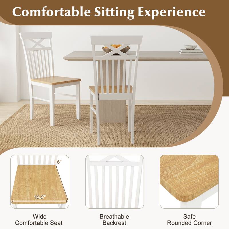 Set of 2 Rubber Wood Dining Chairs with Curved Slatted Backrest and Natural White Finish for Kitchen