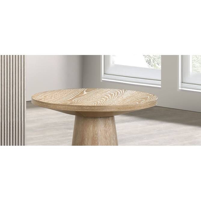 Unique Cone Base Pedestal Round End Table Contemporary Style Rubberwood Structure Oak Finish