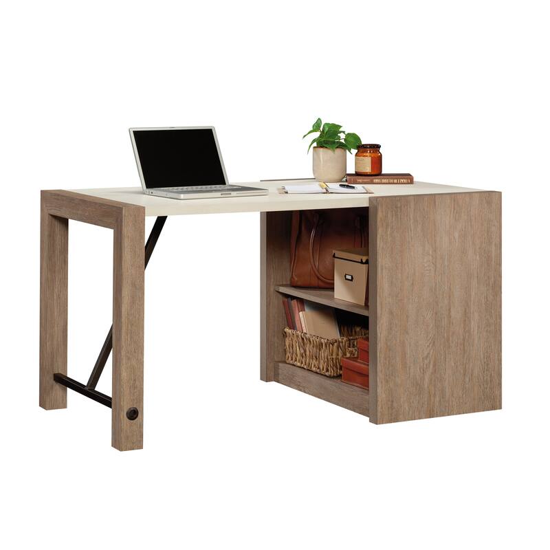 Engineered Wood Farmhouse Desk with Built-in Bookshelf, Brown