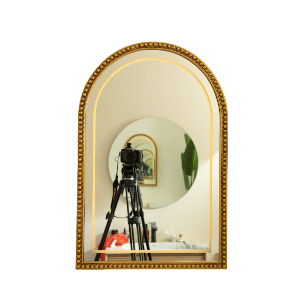 20" Avri Mirror, Golden Beaded Arch-shaped PU Decorative Mirror in Retro Style, Three Color Temperatures for Bathroom