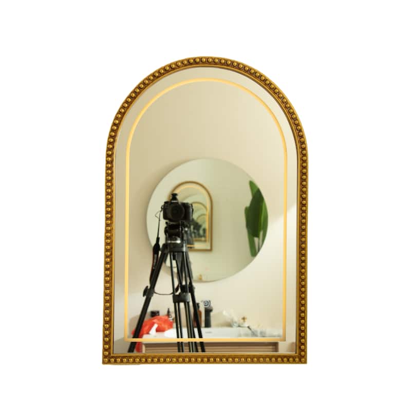 Avri Golden Beaded Retro Arch PU Decorative Mirror - Bathroom, Bedroom, Living Room - Silver