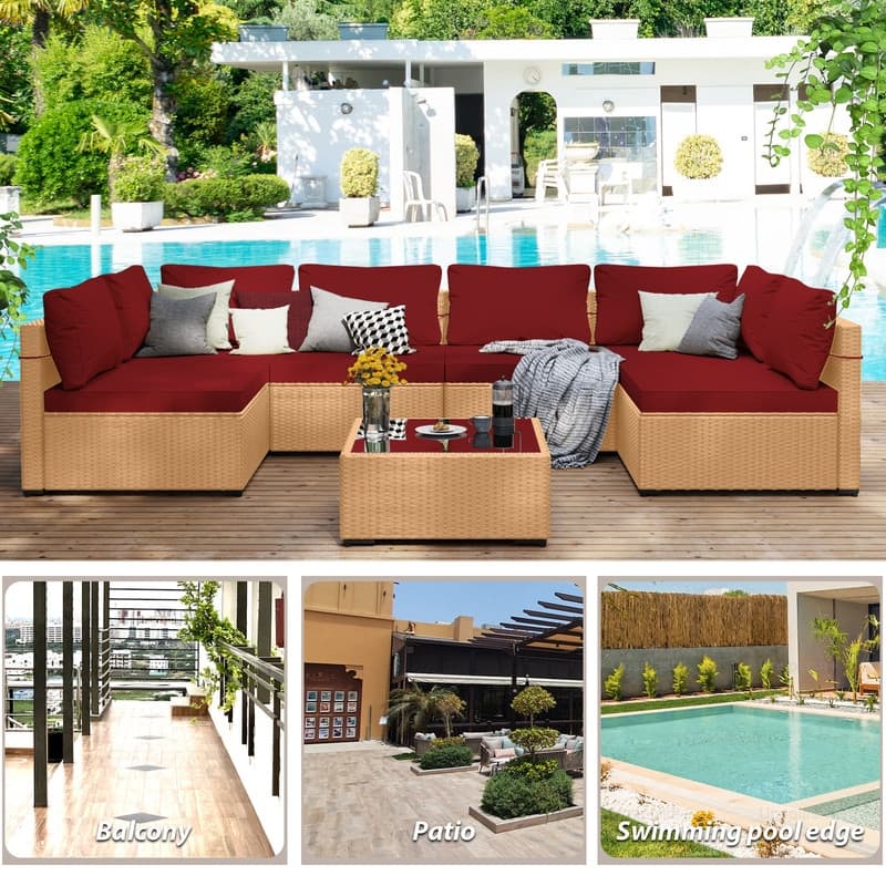 Patio Watcher 7-Piece Patio Yellow Wicker Sectional Seating Group with Cusions and Side Table