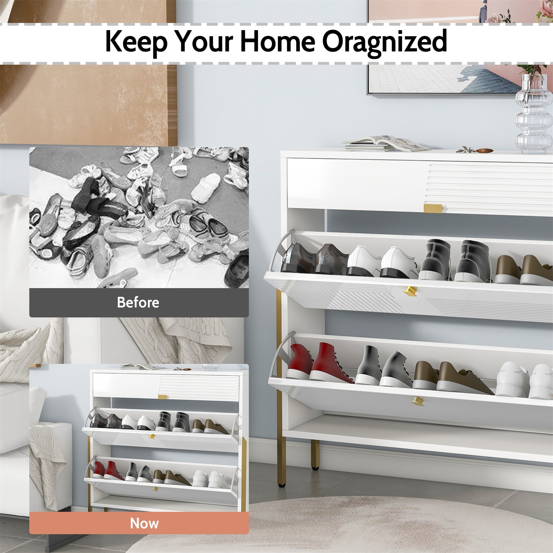 Modern Shoe Cabinet with 2 Flip Drawers & 1 Slide Drawer, Modern Free  Standing Shoe Rack Shoe Storage Cabinet - Bed Bath & Beyond - 38428968