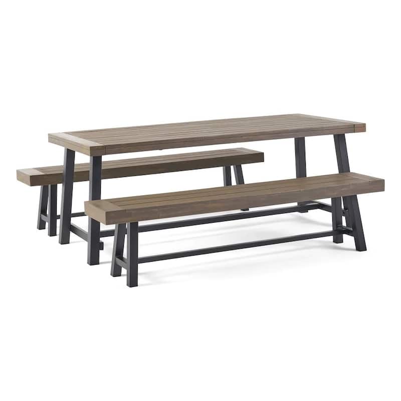 Outdoor Acacia Wood 3 Piece Picnic Dining Set, Gray and Rustic Metal - Grey