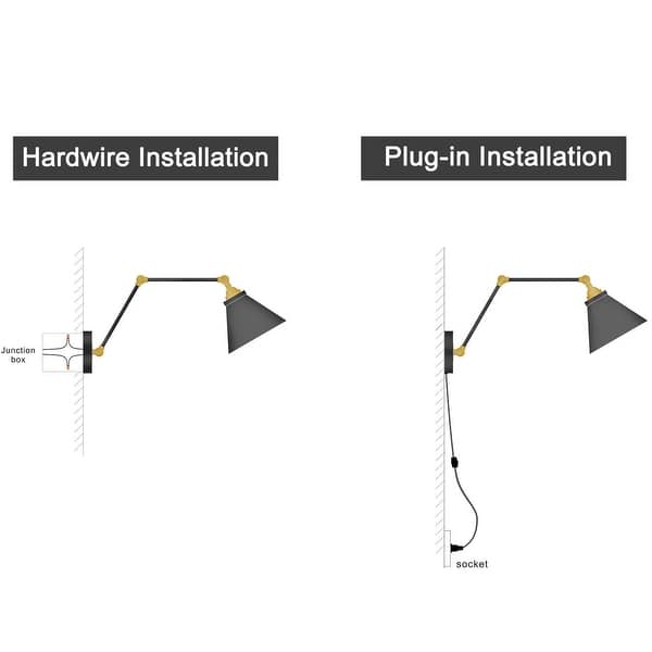 dimension image slide 1 of 3, Malryn Set of 2 Modern Black Gold Adjustable Swing Arm Lights Plug-in Wall Sconces for Bedroom