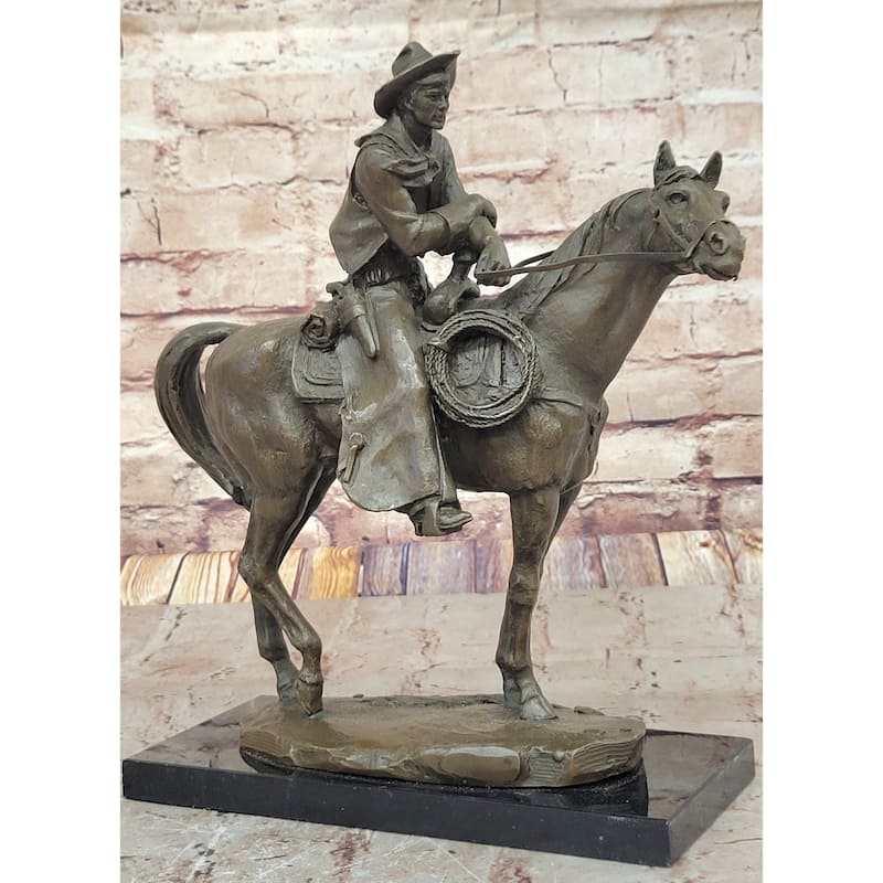 Cowboy On Horseback By Jim Ponter Bronze Statue Sculpture On Marble Base