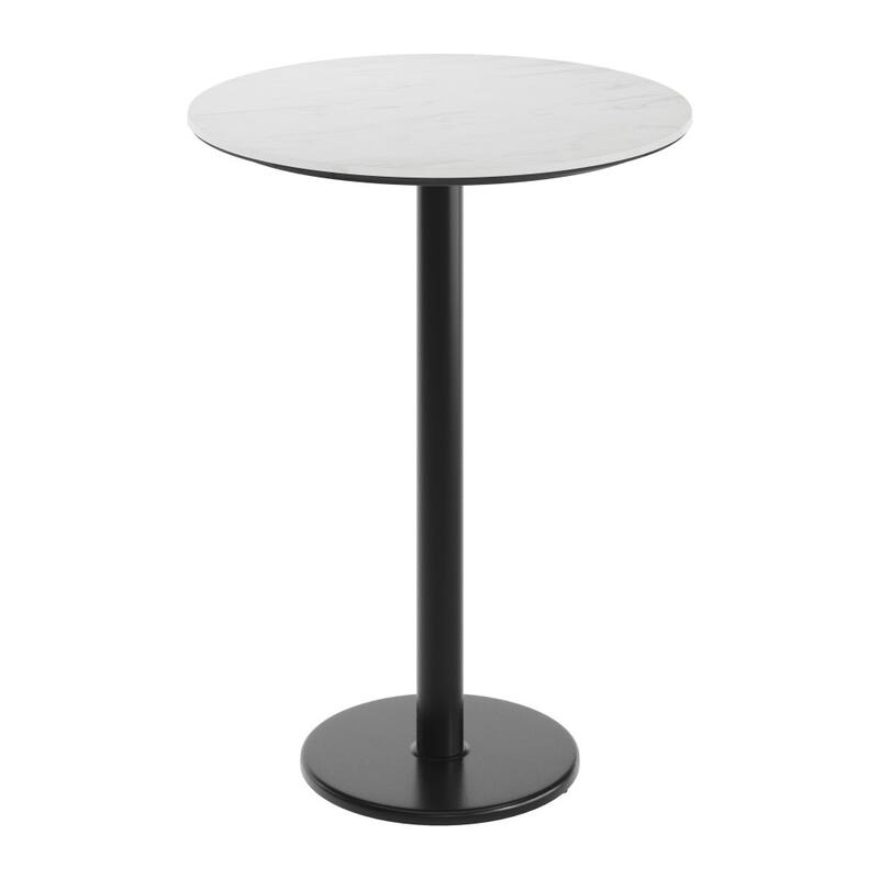 Commercial HPL Tabletop with Bar Height Round Base - White Faux Marble/Black Base - 31.25"W x 31.25"D x 42"H