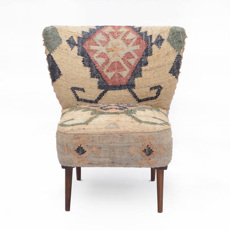 HomeRoots 26" Beige Blue and Red Jute Southwestern Wingback Chair - 26' X '30' X '30