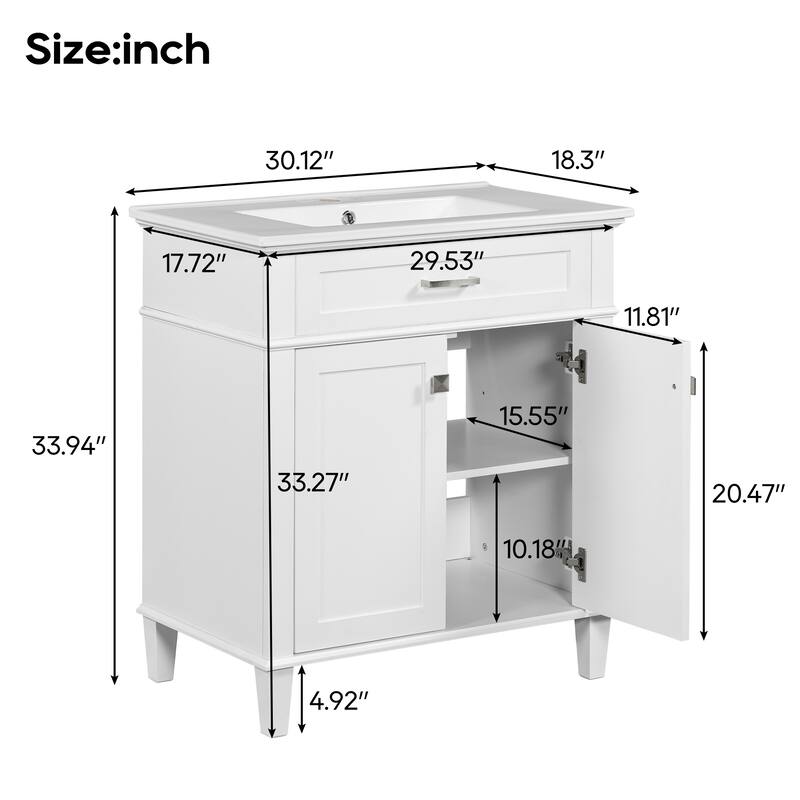 30-inch bathroom vanity with ceramic basin, soft close door and adjustable shelves