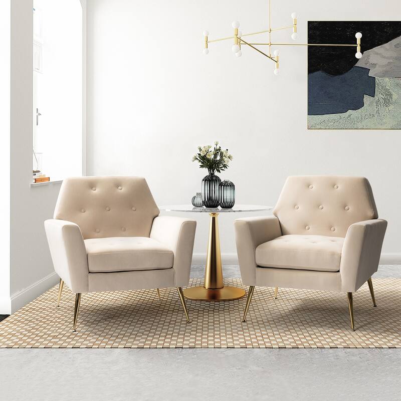 Lilia Contemporary Velvet Upholstered Tufted Back Armchair with Metal Golden legs Set of 2 by HULALA HOME