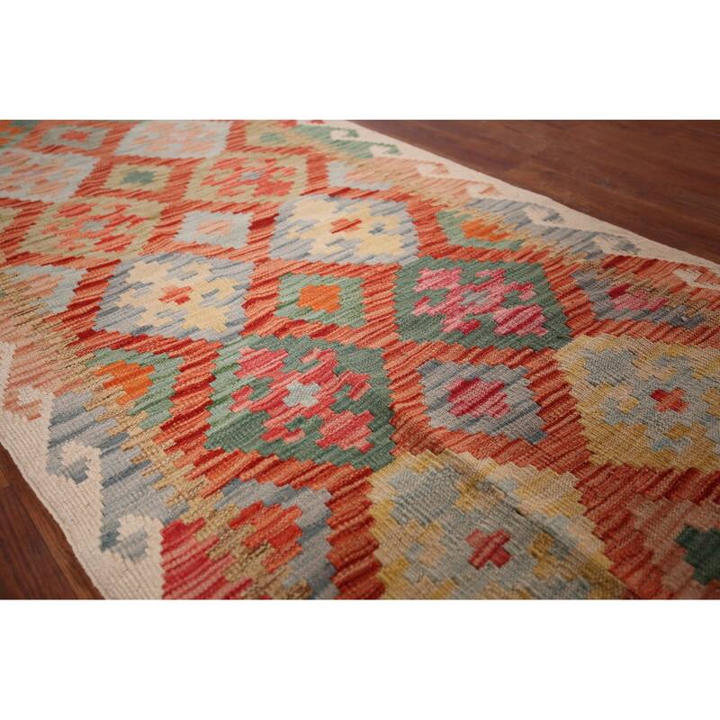 Geometric Kilim Oriental Runner Rug Hand-Woven Wool Carpet - 2'9"x 16'4"