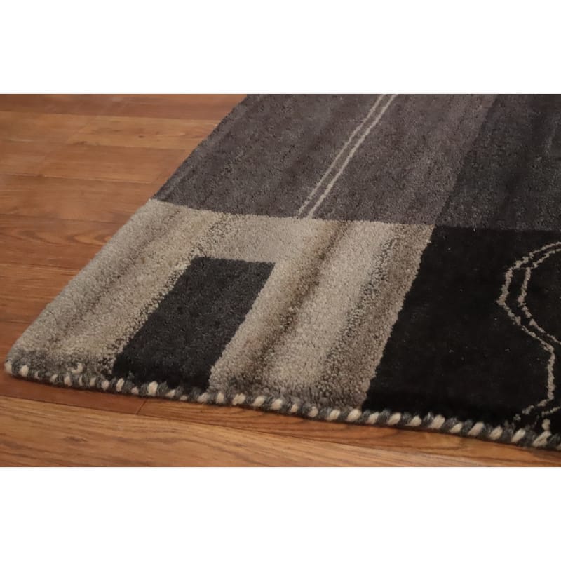 Hand Knotted Oriental 100% Wool Carpet Modern Bordered Greys & Charcoal Gabbeh Area Rug - 7' 9'' X 5' 5''