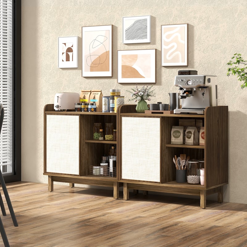 Gymax 2PCS Rattan Buffet Sideboard w/ Adjustable Shelves Storage