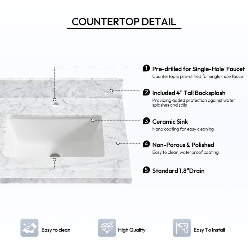 Zevio Natural Marble Vanity Top in Carrara White with Ceramic Sink